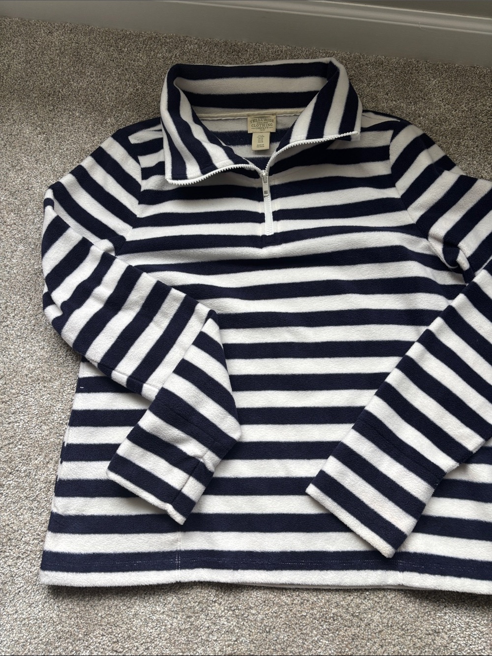 Women’s Striped Quarter-Zip Pullover fleece Sweatshirt – Navy & White